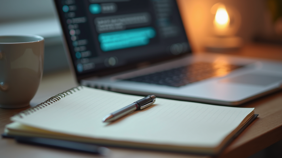 Close-up view of a cozy workspace with a notebook and a pen next to a computer with a chatbot interface