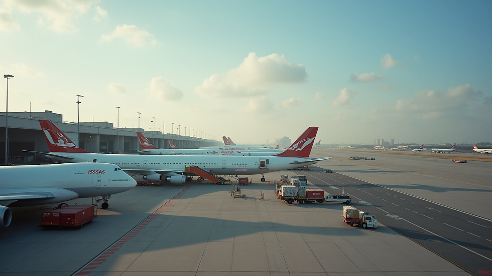 High angle view of cargo planes parked at a busy Australian airport freight terminal