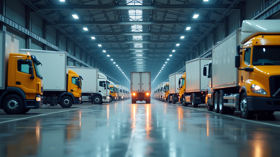 Wide angle view of a modern logistics facility with delivery trucks