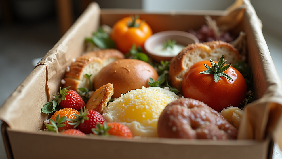 Close-up view of a subscription box with assorted gourmet items