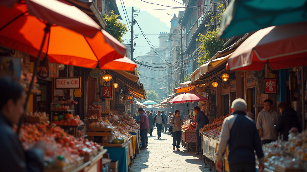 High angle view of a vibrant marketplace with colorful stalls