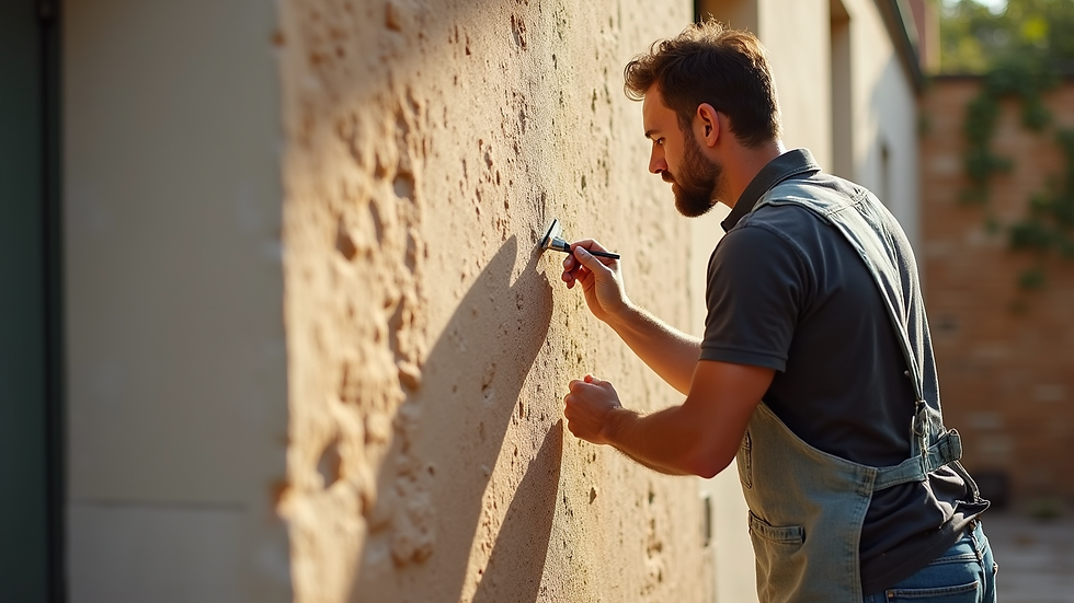 Vue rapprochée d'un artisan appliquant un enduit sur une façade en crépi