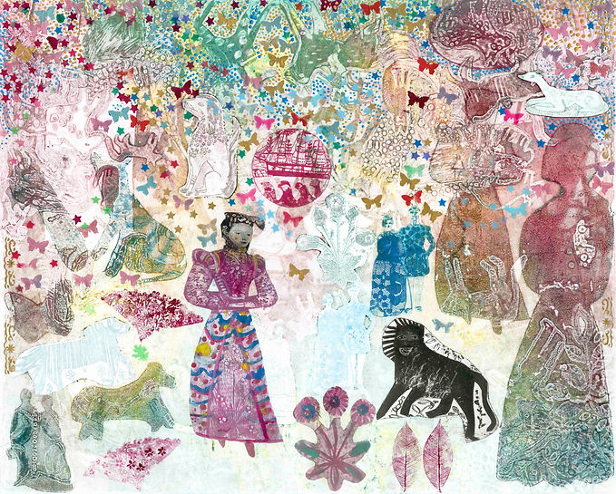original print, pale pink. pattern, flowers, queens, imaginary