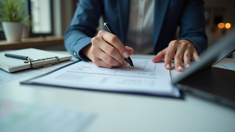 Close-up view of a small business owner reviewing payroll documents