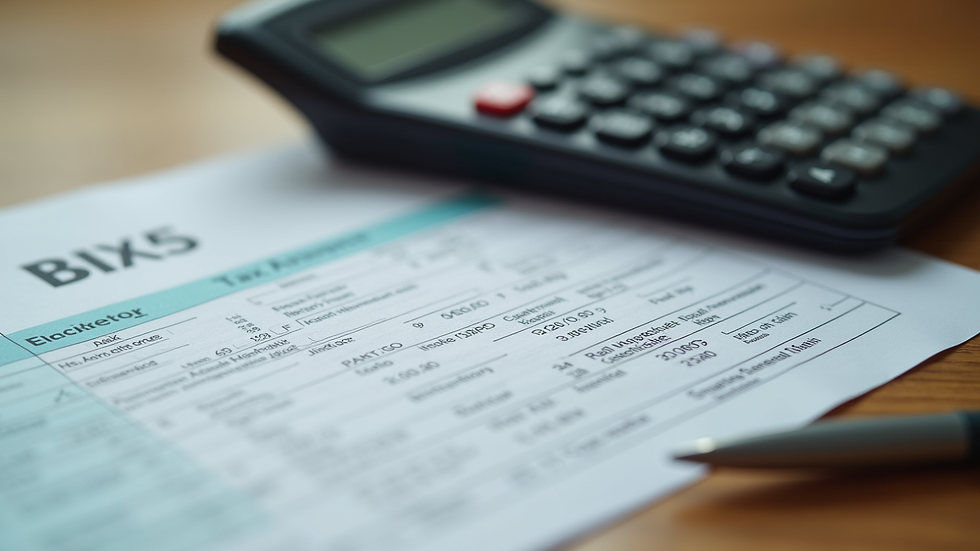 Close-up view of a calculator and tax documents on a wooden desk