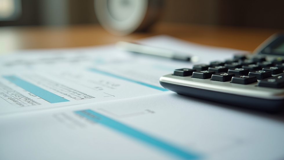 Close-up view of a calculator and tax documents on a wooden desk