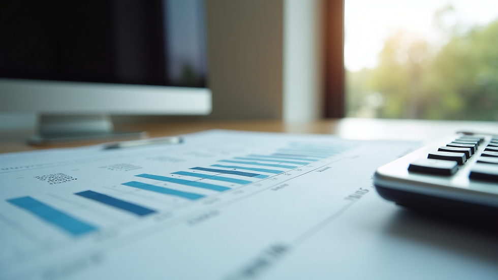 Eye-level view of a neat desk with financial documents and a calculator