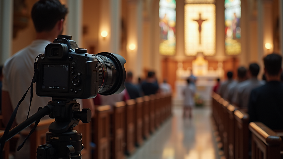 Eye-level view of a photographer capturing a baptism ceremony inside a church