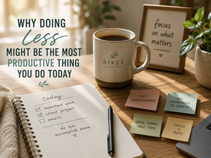 Cozy minimalist workspace with coffee, notebook, and reminders illustrating the concept of slow productivity and sustainable focus.