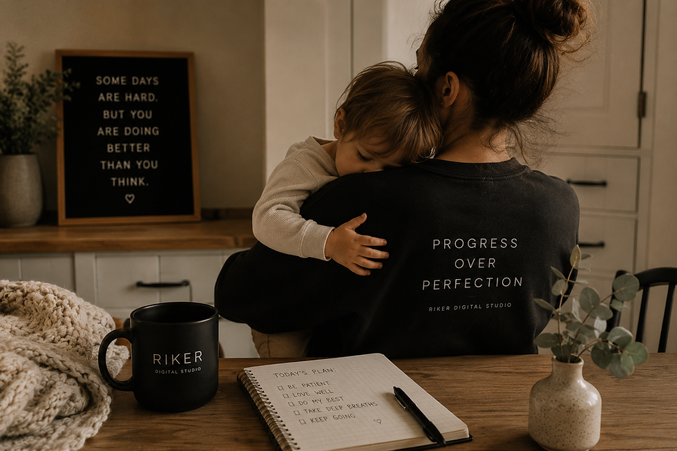 Exhausted parent holding a sleeping child in a warm minimalist kitchen, reflecting emotional resilience, comfort, and the quiet strength of parenting through burnout.