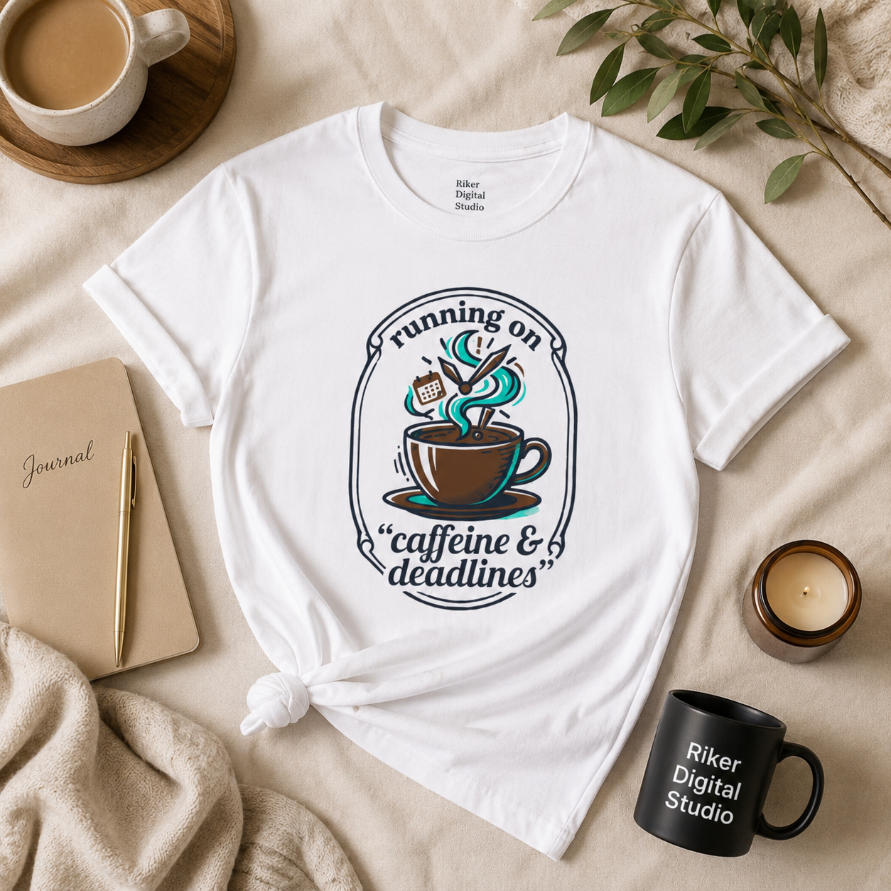 White Running on Caffeine & Deadlines graphic tee flatlay with cozy minimalist coffee culture aesthetic.