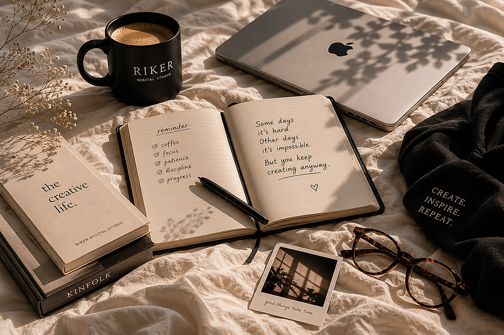 Cozy creative flatlay with coffee, notebook, laptop, and inspirational notes on a cream bedspread, reflecting creative burnout, calm productivity, and coffee culture.