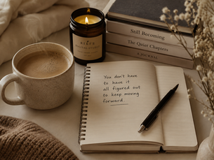 Cozy coffee and journal flatlay with warm neutral tones, reflective writing, and soft lighting representing self growth, overthinking, and slow personal growth.