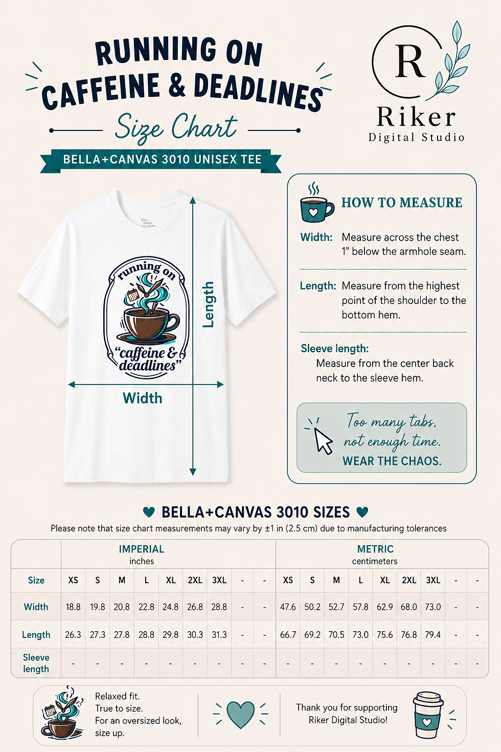 Thumbnail: Bella+Canvas 3010 size chart for the white Running on Caffeine & Deadlines graphic tee.