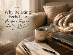 Cozy living room with a coffee mug, closed laptop, soft morning light, and a peaceful seating area, representing the guilt of relaxing, work-life balance, burnout recovery, and finding time to rest in everyday life.