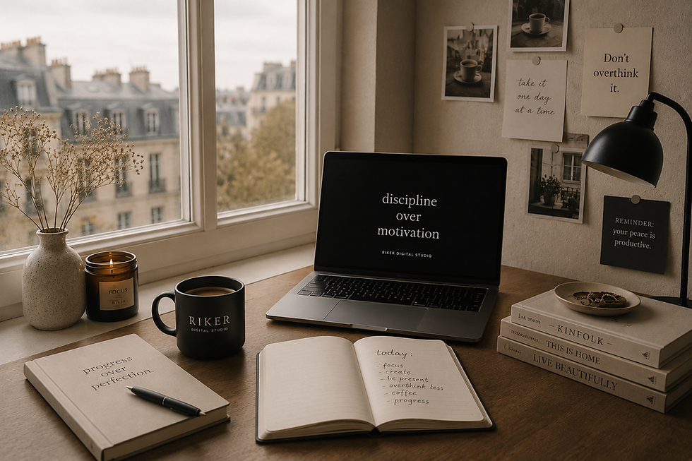 Cozy minimalist workspace with coffee, laptop, and journal by a window, reflecting creative burnout, focus, and a calm productivity lifestyle.