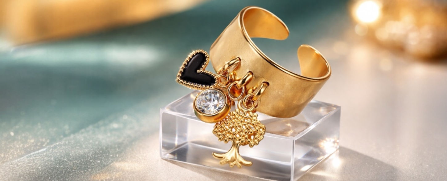 Bague en acier inoxydable et breloques coeur noir, arbre de vie doré et strass blanc