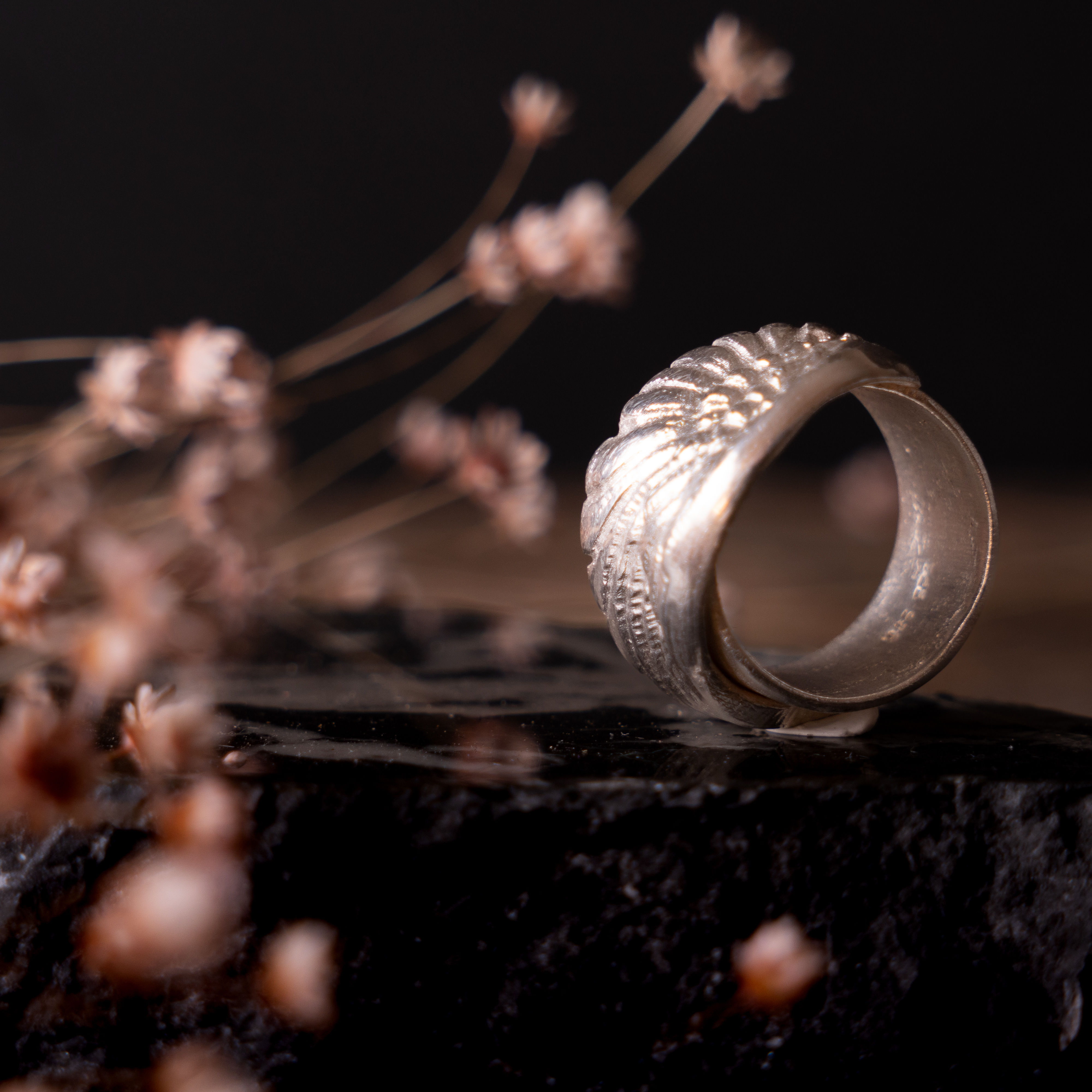 handmade fine silver wing ring