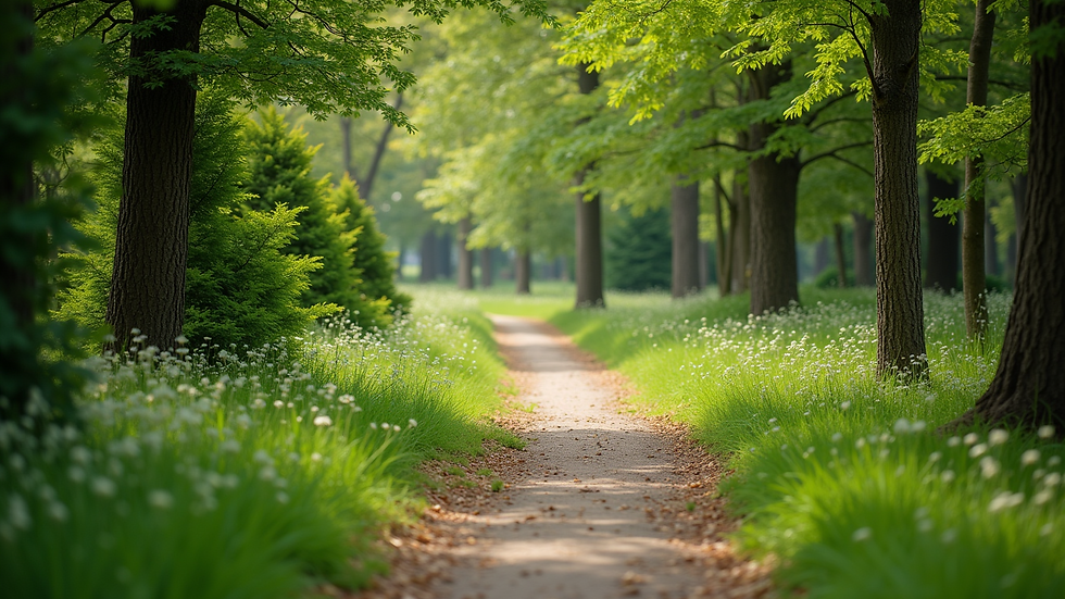 Wide angle view of a peaceful park with a running path