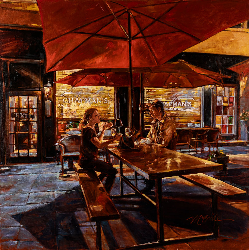 Pat McBride painting a couple in love enjoying a romantic moment on the outdoor patio of Chapman's Food and Spirits in downtown Southern Pines