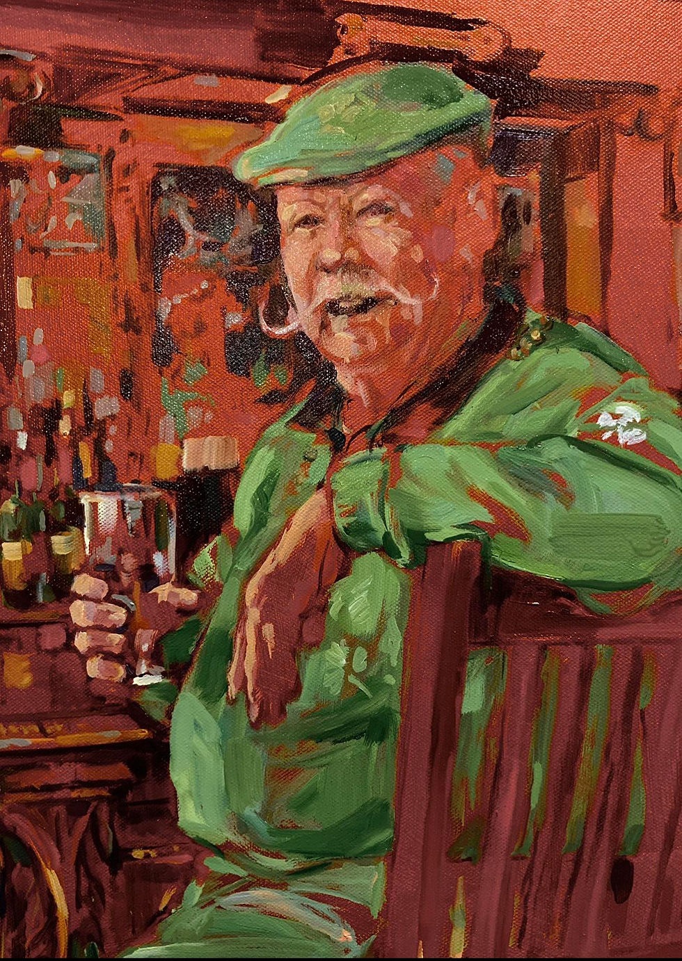 Portrait of Richard 'Dick' McGowen, a beloved Pinehurst legend, smiling at the bar in Maxie's Tavern, showcasing his signature mustache and vibrant personality.