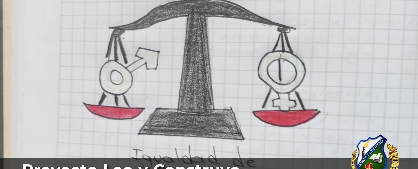 Dibujo de balanza con símbolos de género, Leo y Construyo
