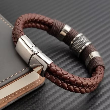 Pulseira Masculina de Couro Marrom e Aço Inoxidável