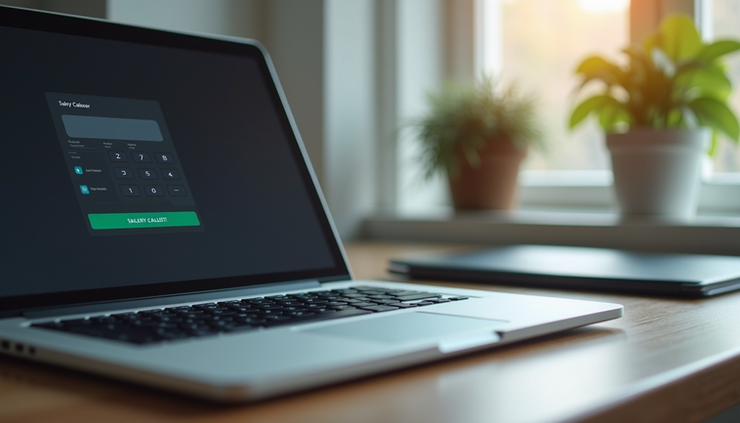High angle view of a laptop screen displaying a UK salary calculator webpage