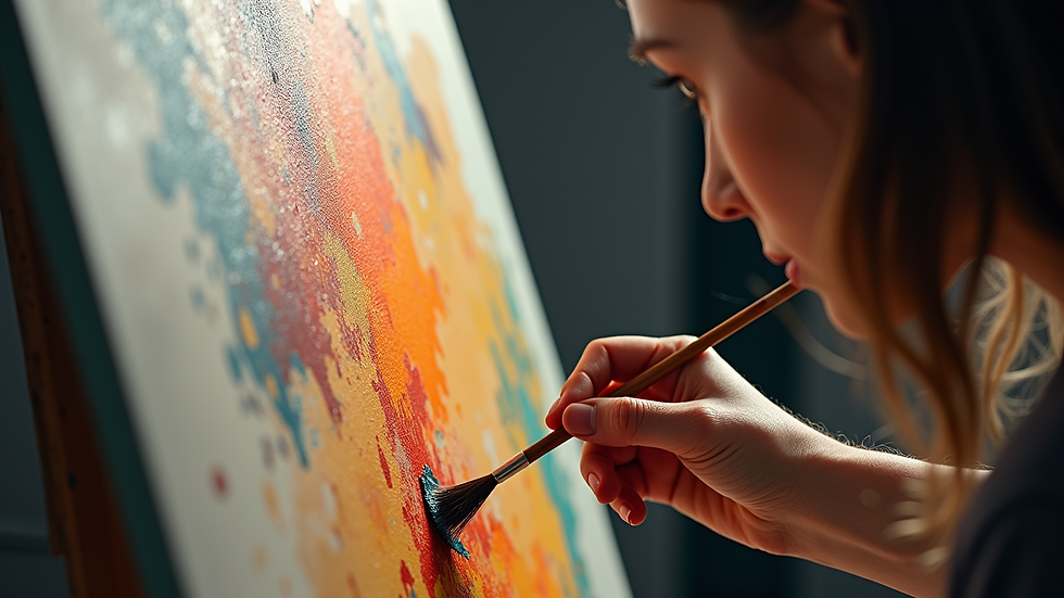 Eye-level view of an artist painting on a large canvas