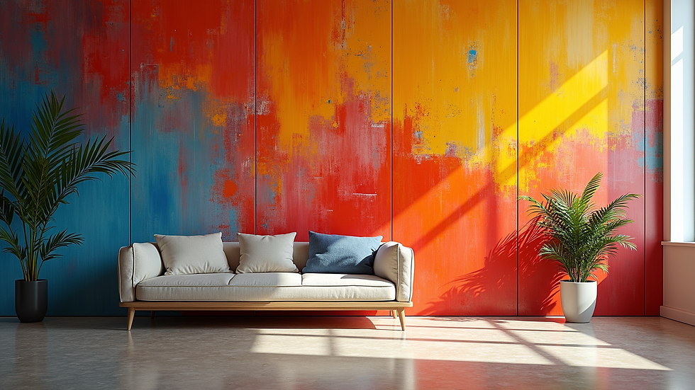 Eye-level view of a vibrant abstract painting with bold colors and geometric patterns