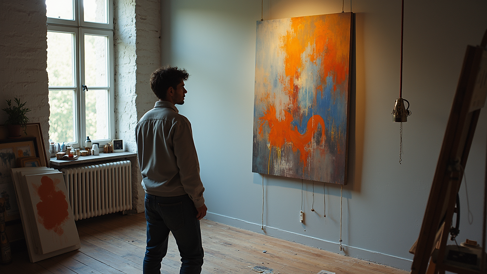 High angle view of an artist contemplatively observing their finished abstract painting in a studio