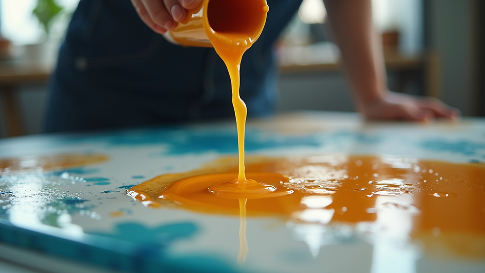 Eye-level view of an artist pouring resin on a canvas