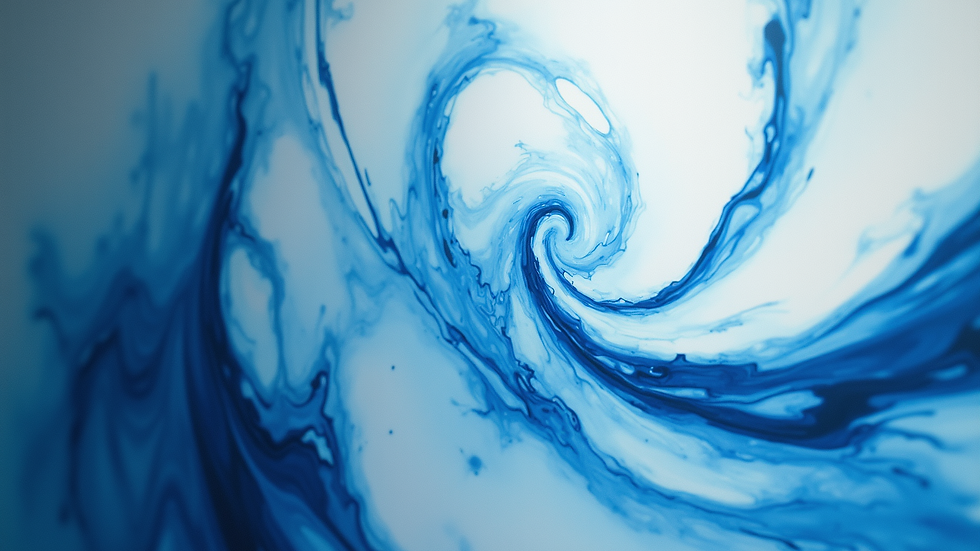 Eye-level view of abstract painting with swirling blue and white patterns
