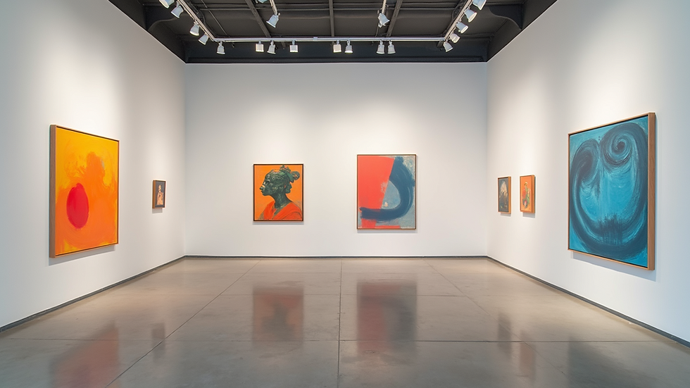 Eye-level view of a gallery displaying colorful modern art