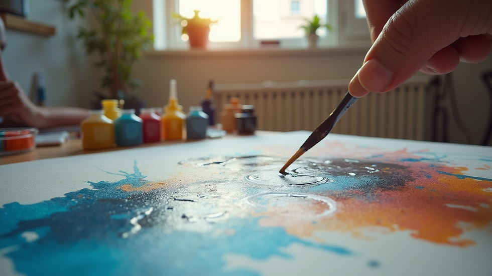 Eye-level view of an artist’s workspace with acrylic paints and canvas
