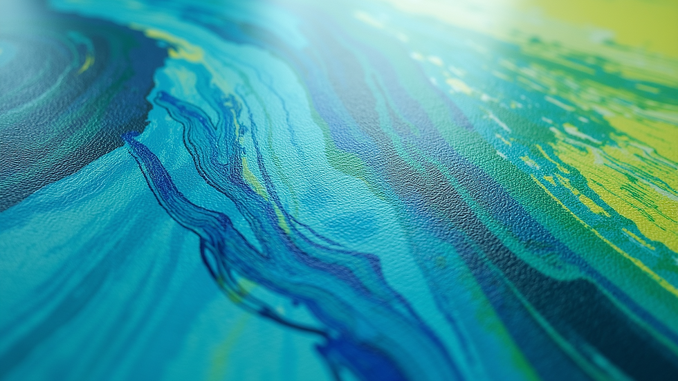 Eye-level view of a canvas showing swirling blue and green paint strokes