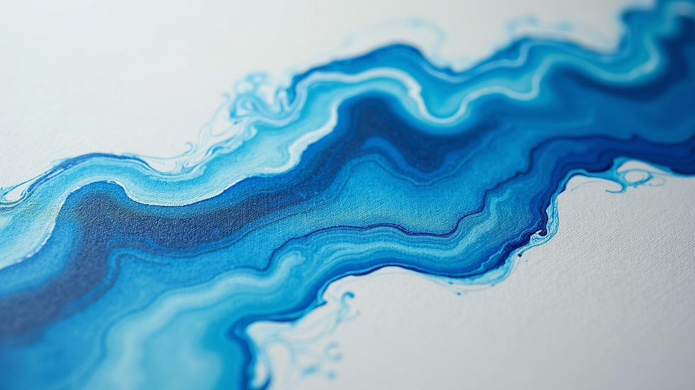 Eye-level view of a canvas with swirling blue and white paint patterns