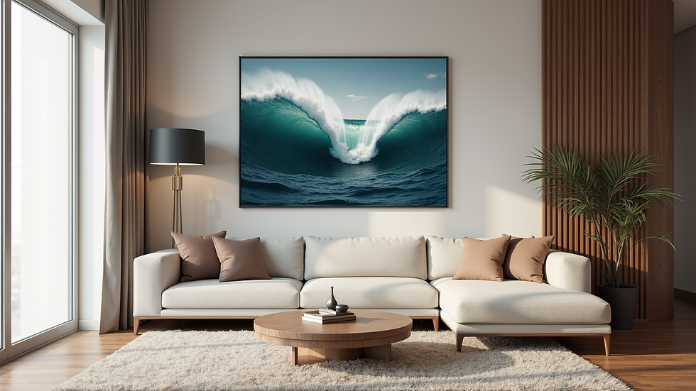 High angle view of a living room with riptide art on the wall