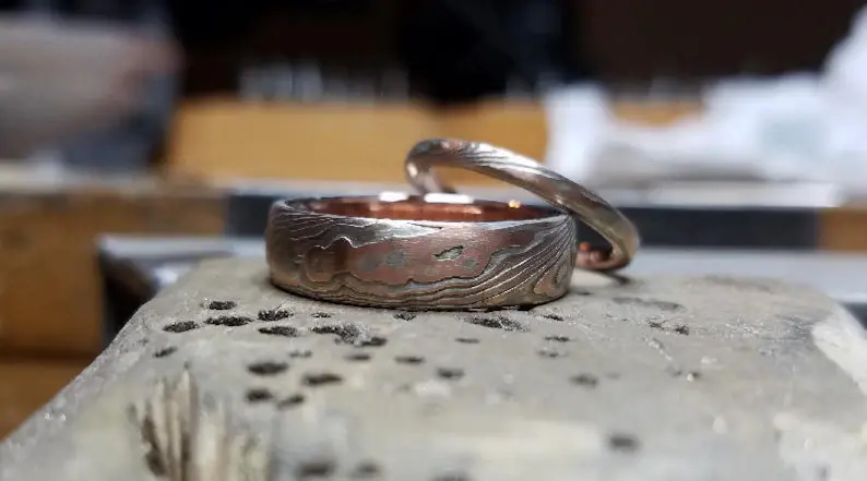 14k Red Gold and Sterling - Rustic Mokume Gane Ring - Wood Grain Finish