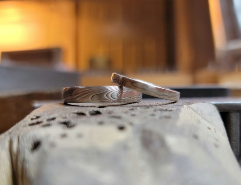 mokume gane wedding band 14k palladium white gold, red gold and sterling silver