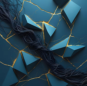 Abstract art_ tangled dark threads and fractured geometric shapes in petrol-blue, with fai