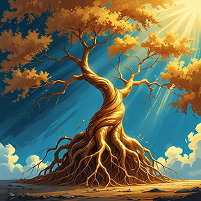 Abstract digital painting_ glowing bronze roots deep in the ground, golden branches reachi