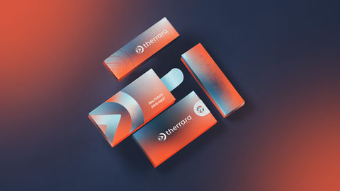 Box Therrara com gradiente azul e laranja sobre fundo escuro