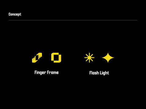 Conceito do símbolo Zoome com elementos Finger Frame e Flash Light em amarelo sobre fundo preto
