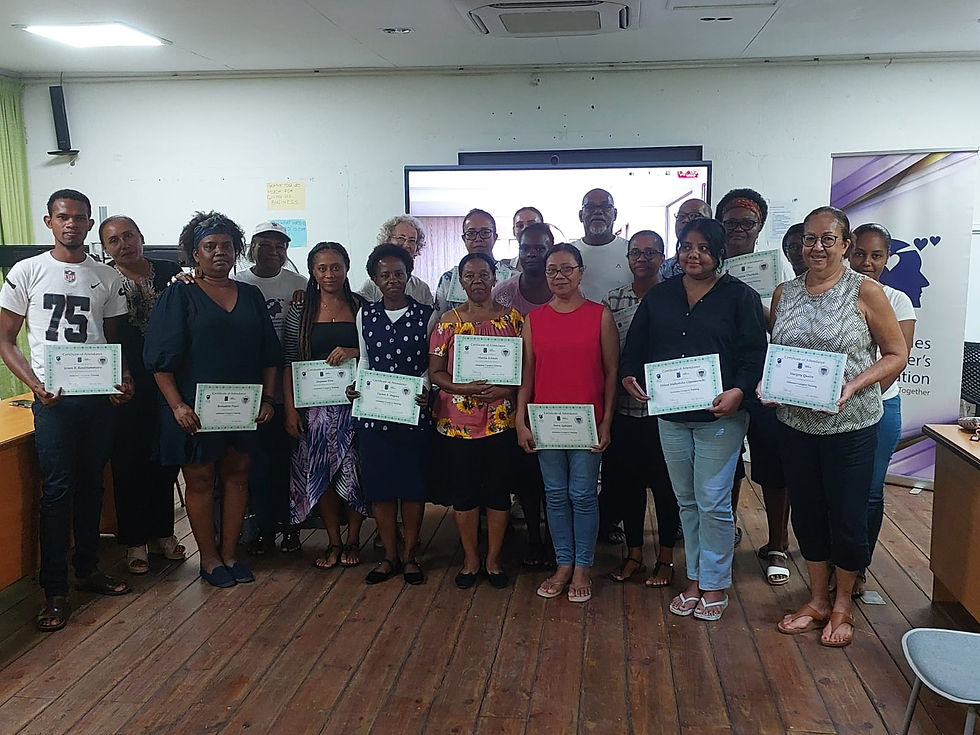 We completed another Caregiver Training today with 15 participants.  Thank you to all the facilitators: DR. Annia, Bernadette Payet,  Fiona Paulin, Laetitia Adrienne and Michael Meme. They were all very useful and informative sessions.