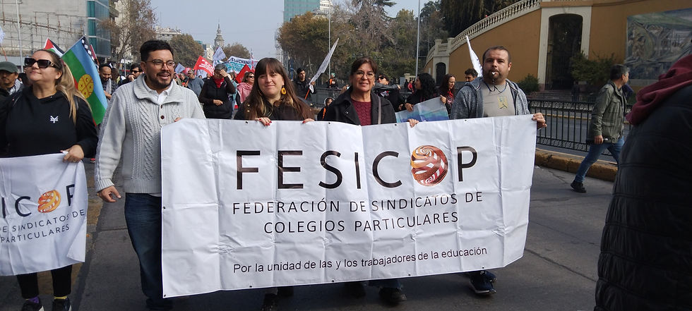 Vista lateral de una multitud marchando con pancartas y banderas en una avenida principal