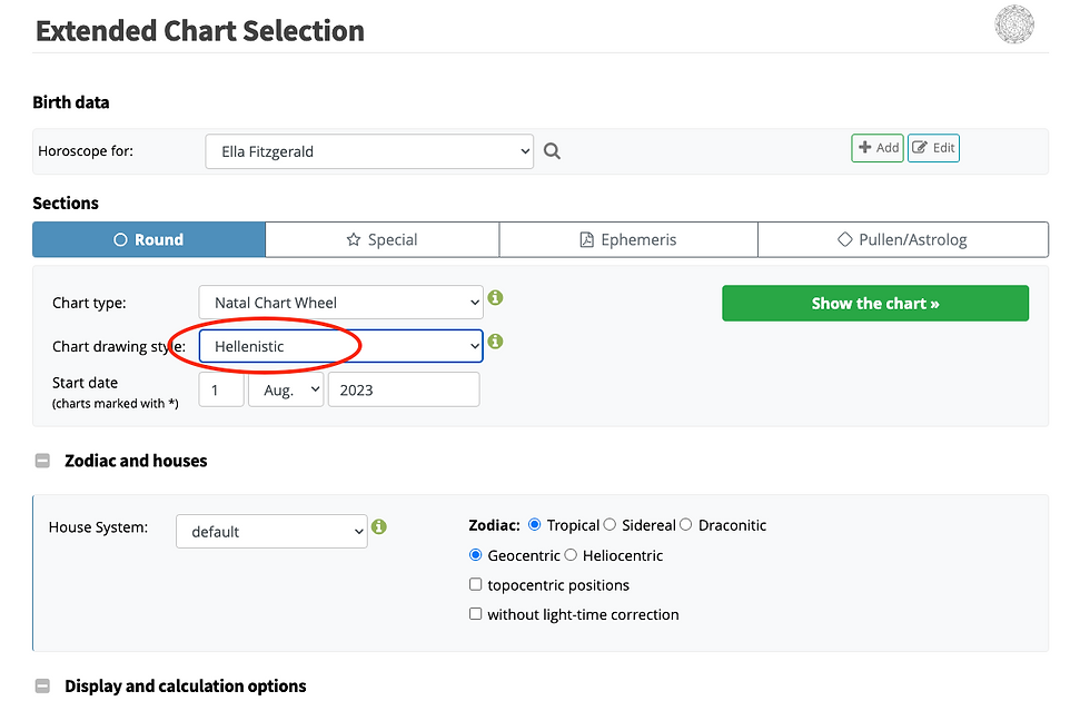 A screenshot of the "extended chart selection" page on Astro.com. All settings stay the same except "Chart drawing style" which should be set to "Hellenistic"
