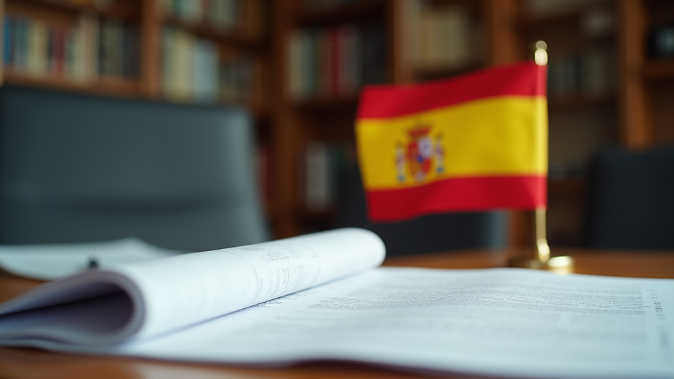 Eye-level view of official documents and a Spanish flag on a desk