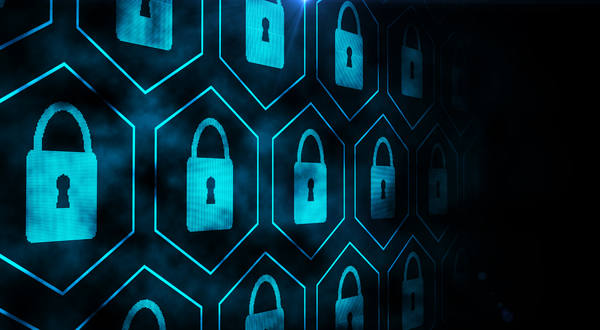 Hexagonal grid with glowing blue padlock icons on a dark background, creating a secure, digital atmosphere with a futuristic feel.