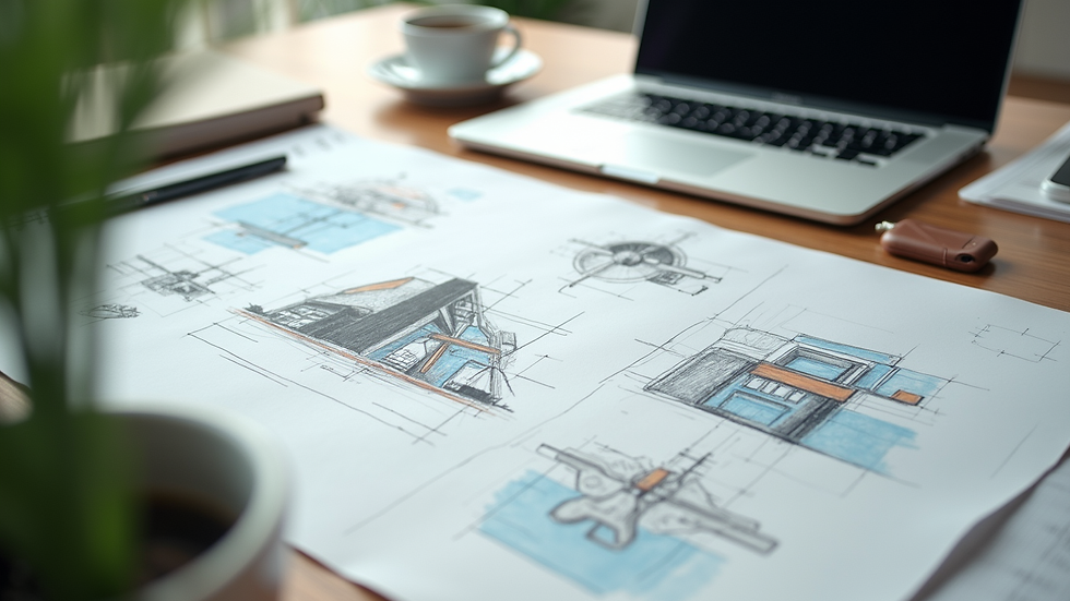 High angle view of a modern workspace with 3D design sketches and a laptop